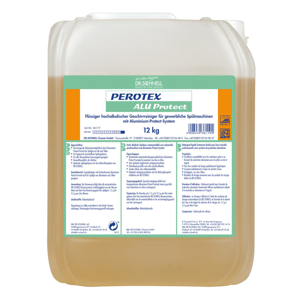 A 12-kg plastic container with the dishwashing detergent Dr. Schnell PEROTEX ALU PROTECT for commercial machines by DR.SCHNELL GmbH & Co. KGaA, labeled in German with product information and instructions for aluminum corrosion protection, filled with yellowish liquid.