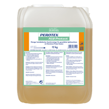 A 12-kg plastic container with the dishwashing detergent Dr. Schnell PEROTEX ALU PROTECT for commercial machines by DR.SCHNELL GmbH & Co. KGaA, labeled in German with product information and instructions for aluminum corrosion protection, filled with yellowish liquid.