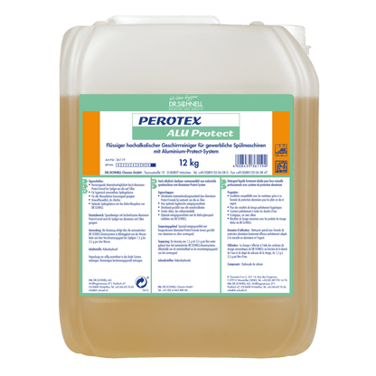 A 12-kg plastic container with the dishwashing detergent Dr. Schnell PEROTEX ALU PROTECT for commercial machines by DR.SCHNELL GmbH & Co. KGaA, labeled in German with product information and instructions for aluminum corrosion protection, filled with yellowish liquid.