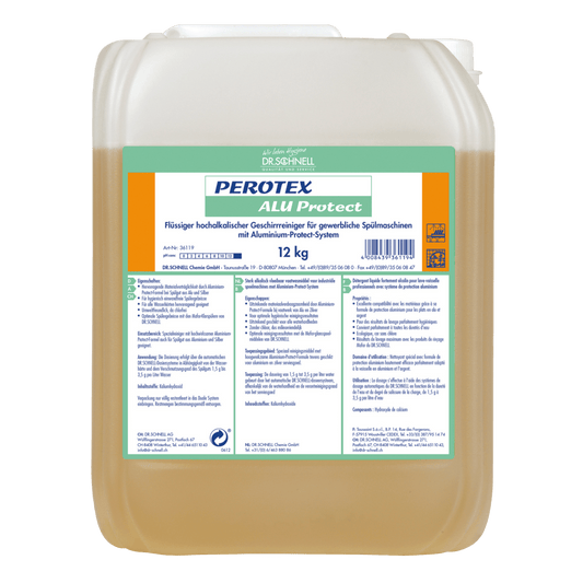 A 12-kg plastic container with the dishwashing detergent Dr. Schnell PEROTEX ALU PROTECT for commercial machines by DR.SCHNELL GmbH & Co. KGaA, labeled in German with product information and instructions for aluminum corrosion protection, filled with yellowish liquid.