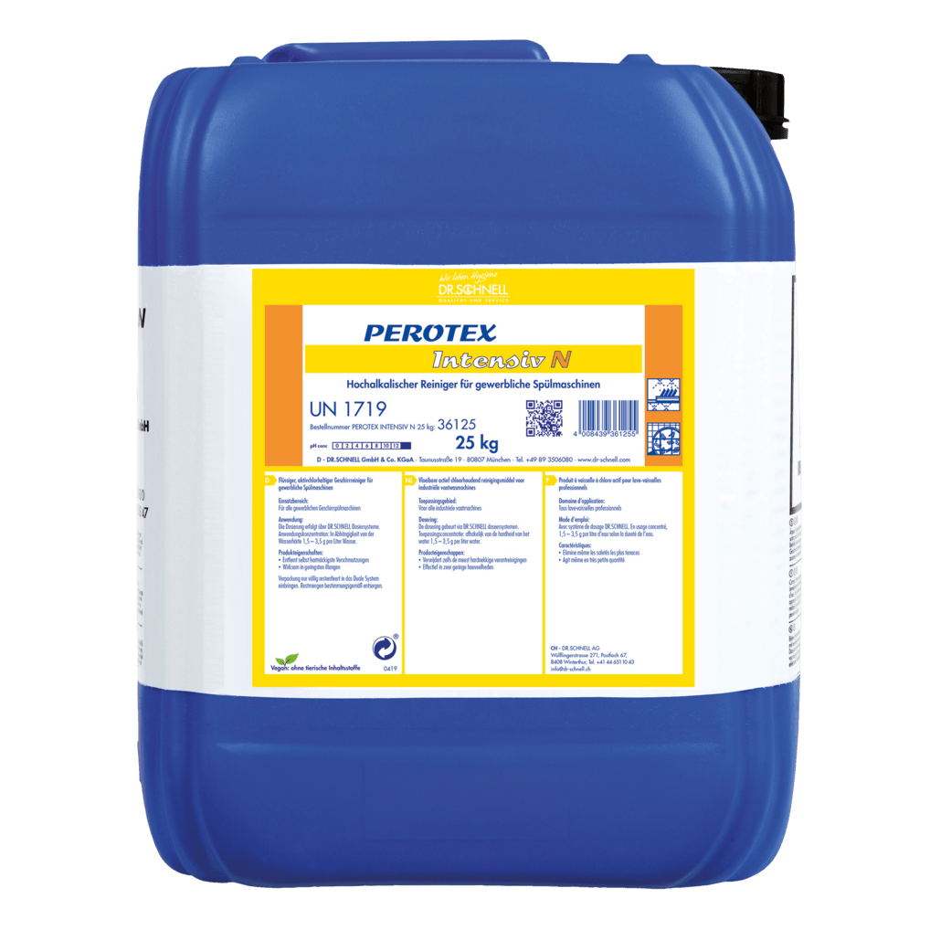 A large blue plastic container with a black lid, labeled "Dr. Schnell PEROTEX INTENSIV N" by DR.SCHNELL GmbH & Co. KGaA, holds 25 kg of intensive cleaner and is equipped with a white-yellow label with usage and safety instructions.