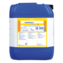 A large blue plastic container with a black lid, labeled "Dr. Schnell PEROTEX INTENSIV N" by DR.SCHNELL GmbH & Co. KGaA, holds 25 kg of intensive cleaner and is equipped with a white-yellow label with usage and safety instructions.