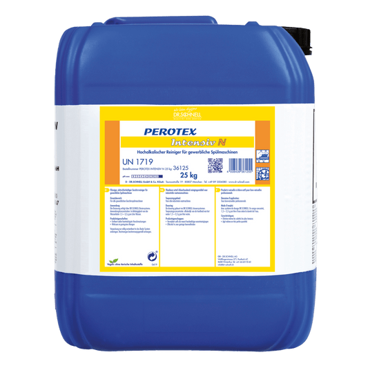 A large blue plastic container with a black lid, labeled "Dr. Schnell PEROTEX INTENSIV N" by DR.SCHNELL GmbH & Co. KGaA, holds 25 kg of intensive cleaner and is equipped with a white-yellow label with usage and safety instructions.