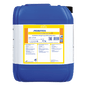 A large blue plastic container with a black lid, labeled "Dr. Schnell PEROTEX INTENSIV N" by DR.SCHNELL GmbH & Co. KGaA, holds 25 kg of intensive cleaner and is equipped with a white-yellow label with usage and safety instructions.