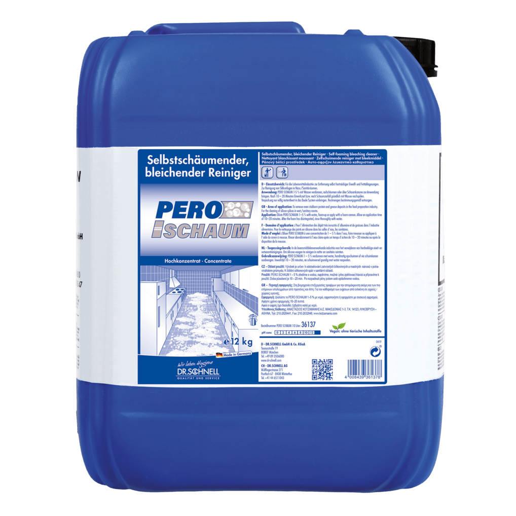 A 12 kg canister made of blue plastic from Dr. Schnell PERO FOAM, a self-foaming, bleaching, chlorinated surface cleaner by DR.SCHNELL GmbH & Co. KGaA, designed for effective surface cleaning.