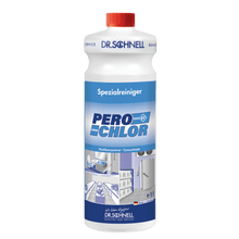 A 1L white plastic bottle of DR.SCHNELL GmbH & Co. KGaA PERO CHLOR chlorine cleaner for surfaces with a red cap and blue label, labeled in German for professional kitchen and food hygiene.