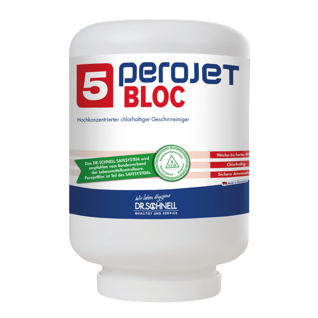 A large white 4-kg cartridge labeled "Dr. Schnell PEROJET BLOC 5 Dish Cleaner for commercial dishwashers, chlorine-containing" shows German text, a green certification symbol, and the logo of DR.SCHNELL GmbH & Co. KGaA.