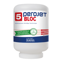 A large white 4-kg cartridge labeled "Dr. Schnell PEROJET BLOC 5 Dish Cleaner for commercial dishwashers, chlorine-containing" shows German text, a green certification symbol, and the logo of DR.SCHNELL GmbH & Co. KGaA.