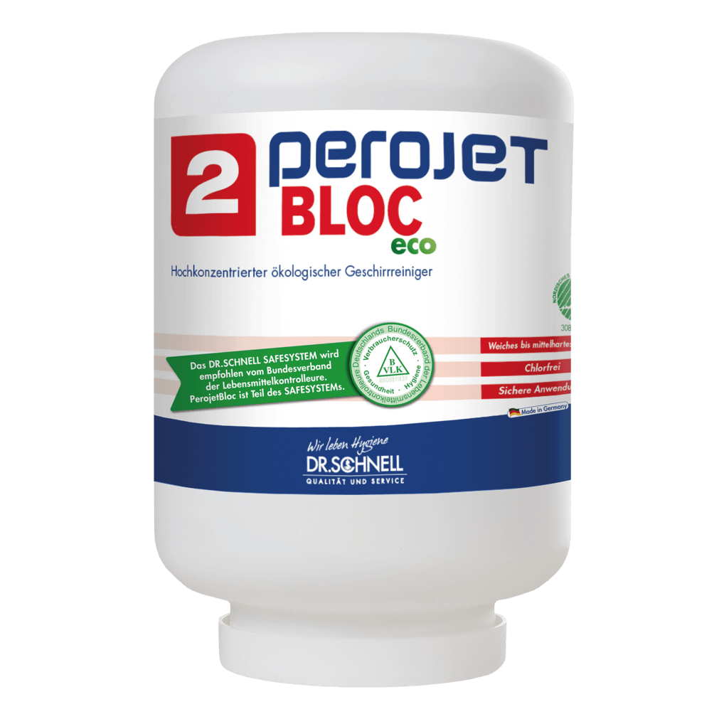 A white 4 kg cartridge labeled "Dr. Schnell PEROJET BLOC 2 ECO" from DR.SCHNELL GmbH & Co. KGaA is an environmentally friendly commercial dishwasher cleaner; the label features the German text "SAFESYSTEM" and green-red design elements.