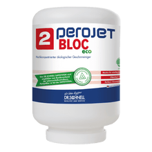 A white 4 kg cartridge labeled "Dr. Schnell PEROJET BLOC 2 ECO" from DR.SCHNELL GmbH & Co. KGaA is an environmentally friendly commercial dishwasher cleaner; the label features the German text "SAFESYSTEM" and green-red design elements.