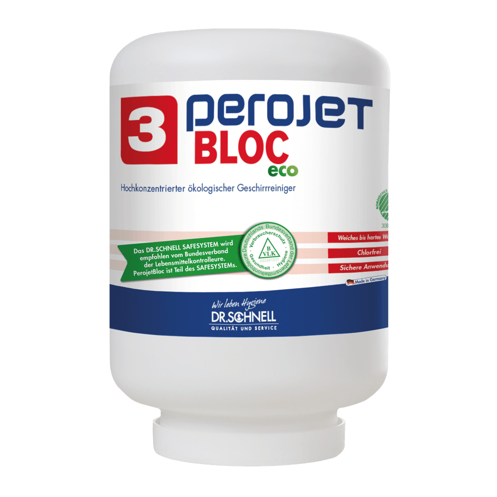 A white 4 kg cartridge labeled "Dr. Schnell PEROJET BLOC 3 ECO dishwashing detergent for commercial dishwashers, ecological" from DR.SCHNELL GmbH & Co. KGaA is marked with ecological certification seals on the front.