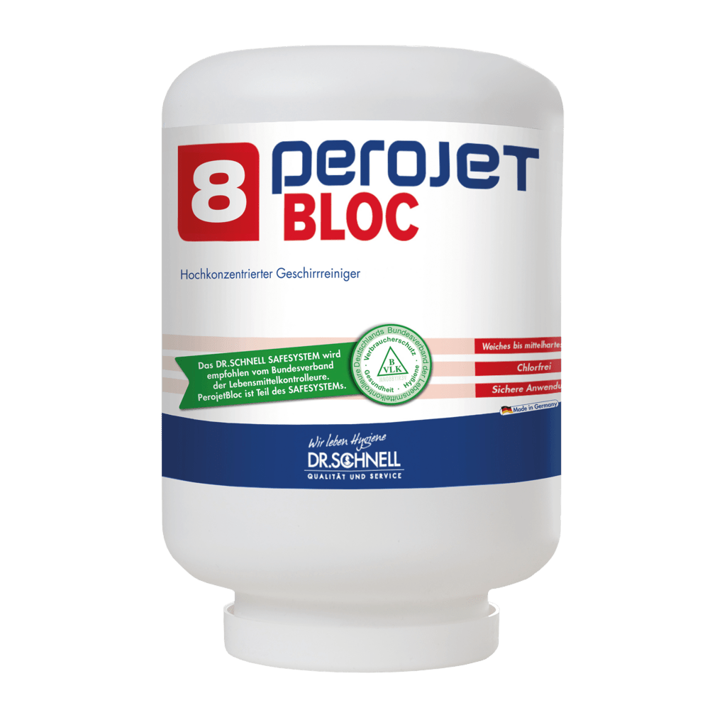 A white container of DR.SCHNELL GmbH & Co. KGaA PEROJET BLOC 8 dish cleaner for commercial dishwashers, ecological (4 kg cartridge) with a red-blue label and product information in German on the front.