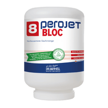 A white container of DR.SCHNELL GmbH & Co. KGaA PEROJET BLOC 8 dish cleaner for commercial dishwashers, ecological (4 kg cartridge) with a red-blue label and product information in German on the front.