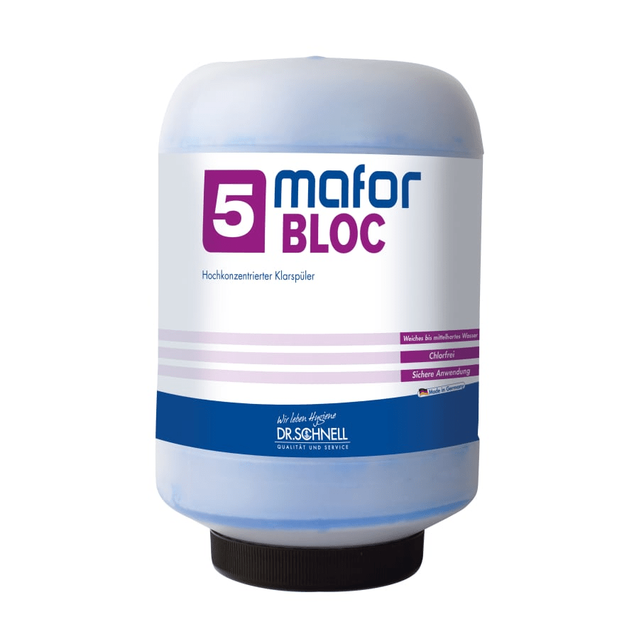 A large, cylindrical 1.8 kg Dr. Schnell MAFOR rinse aid cartridge for kitchen hygiene, with blue accents, German text, a large 5, black screw cap, and "DR.SCHNELL" printed at the bottom - ideal for dishwashers.