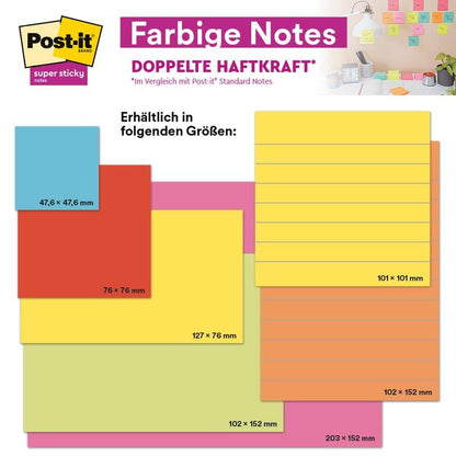 An illustration shows 3M Post-it® Super Sticky Notes in large format, lined, 101 x 152 mm, 90 sheets/block, 100% PEFC, with colorful notes on a wall above a desk.