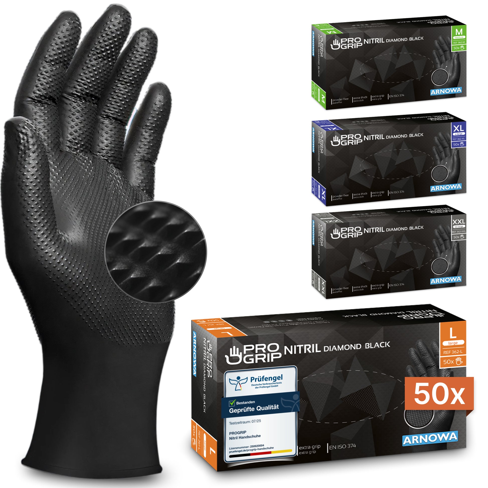A PROGRIP NITRIL DIAMOND BLACK disposable glove from ARNOWA GmbH is presented upright, showcasing the non-slip diamond texture. In the background, there are three colored boxes of different sizes, each containing 50 gloves per package.