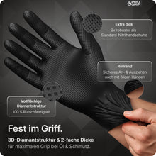 A hand puts on an ARNOWA GmbH PROGRIP NITRIL DIAMOND BLACK glove, which provides safe handling with extra thick, tear-resistant nitrile, black diamond grip texture, and rolled cuff - even in oily or dirty conditions.