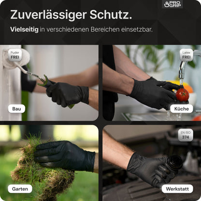 A collage with four images shows hands wearing the PROGRIP NITRIL DIAMOND BLACK from ARNOWA GmbH at work on a construction site, washing a tomato, gardening, and using tools - a testament to the versatility and durability of the gloves.