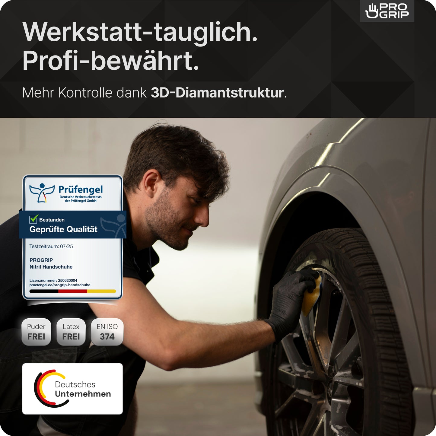A man wears ARNOWA PROGRIP NITRIL DIAMOND BLACK disposable gloves and cleans a car tire. Text highlights professional quality, diamond texture, and certification, while icons showcase the product features.