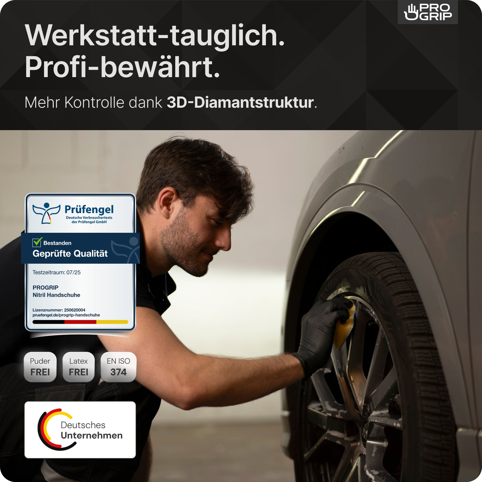 A man wears ARNOWA PROGRIP NITRIL DIAMOND BLACK disposable gloves and cleans a car tire. Text highlights professional quality, diamond texture, and certification, while icons showcase the product features.