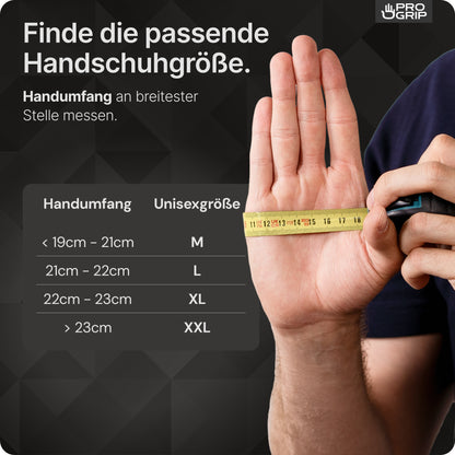 Measure the widest part of your hand with a tape measure and then use the size chart to find your ideal fit for ARNOWA GmbH PROGRIP NITRIL DIAMOND BLACK disposable nitrile gloves with diamond texture in black for optimal comfort.