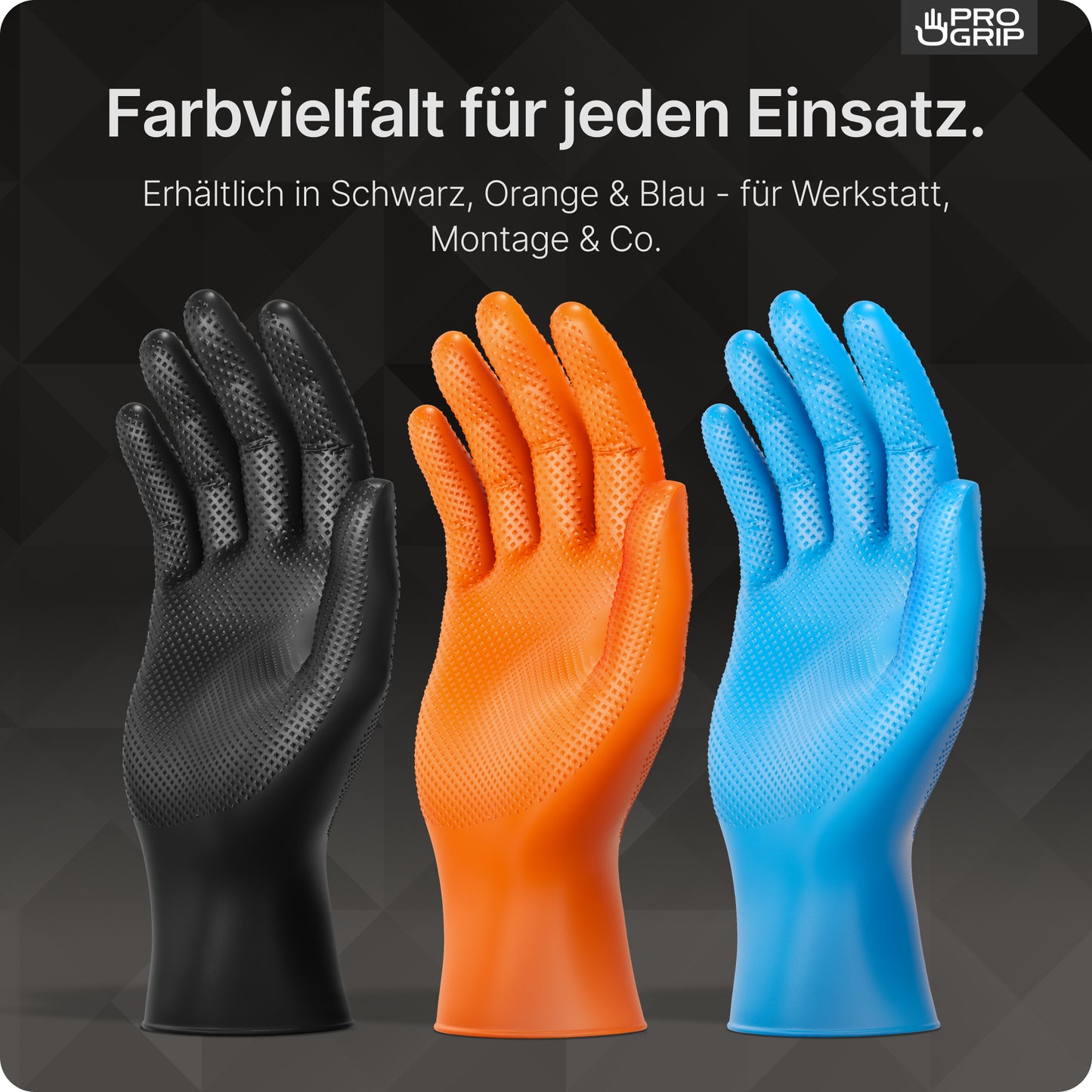 Three ARNOWA PROGRIP NITRIL DIAMOND BLACK disposable gloves with diamond texture in black are depicted upright, emphasizing their tear-resistant design and suitability for workshops and assembly. The German text highlights the color variety and textured grip.