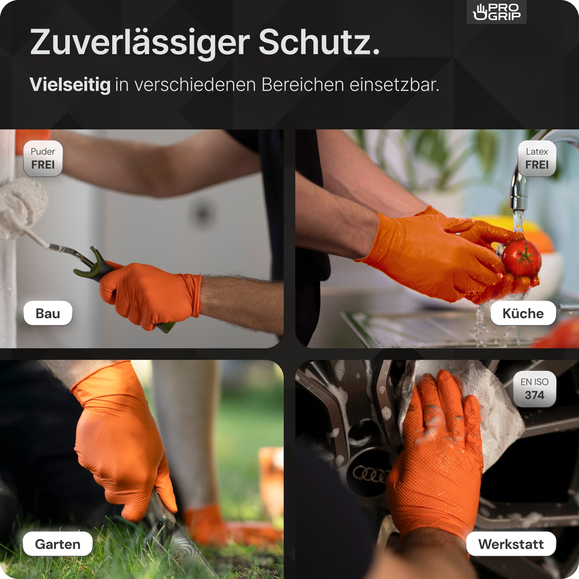 A collage shows hands wearing PROGRIP NITRIL DIAMOND ORANGE disposable gloves from ARNOWA GmbH with diamond texture in orange, used for gardening, car cleaning, kitchen work, and handling building materials.