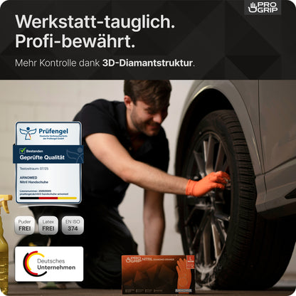 A mechanic in orange PROGRIP NITRIL DIAMOND ORANGE disposable gloves from ARNOWA GmbH works on a car. Inset: certifications, spray bottle, and glove compartment. The text highlights the diamond texture 3D grip and German quality standards.
