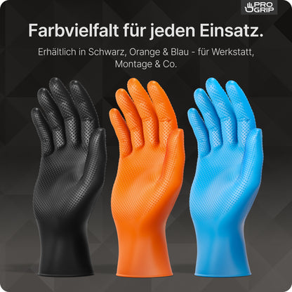 The PROGRIP NITRIL DIAMOND ORANGE from ARNOWA GmbH - tear-resistant, diamond-shaped nitrile gloves in orange - stand upright against a dark background, with German text indicating their color and workshop/mounting suitability.