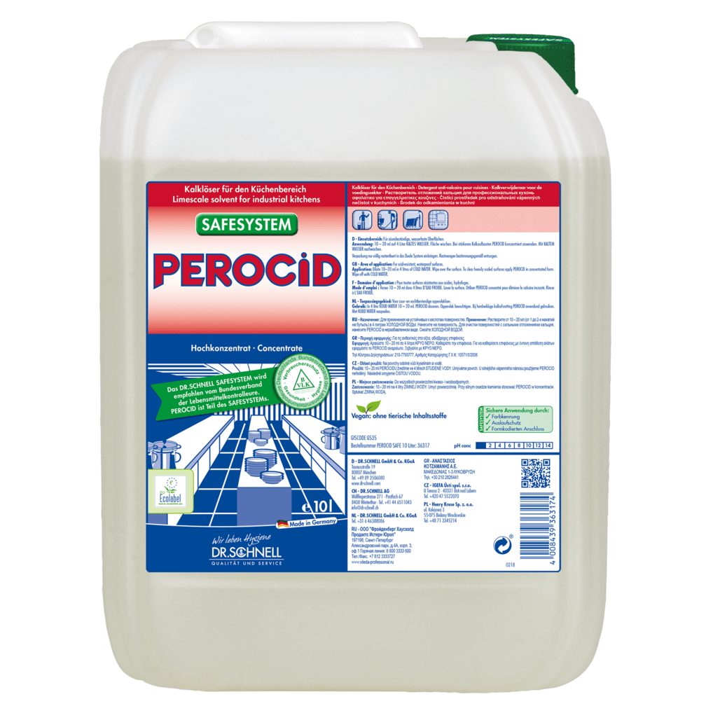 A 10-liter plastic container of Dr. Schnell PEROCID lime remover for surfaces by DR.SCHNELL GmbH & Co. KGaA, with a green lid and a blue-red German label with instructions and diagrams for surface cleaning and lime removal.