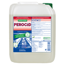 A 10-liter plastic container of Dr. Schnell PEROCID lime remover for surfaces by DR.SCHNELL GmbH & Co. KGaA, with a green lid and a blue-red German label with instructions and diagrams for surface cleaning and lime removal.