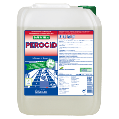 A 10-liter plastic container of Dr. Schnell PEROCID lime remover for surfaces by DR.SCHNELL GmbH & Co. KGaA, with a green lid and a blue-red German label with instructions and diagrams for surface cleaning and lime removal.