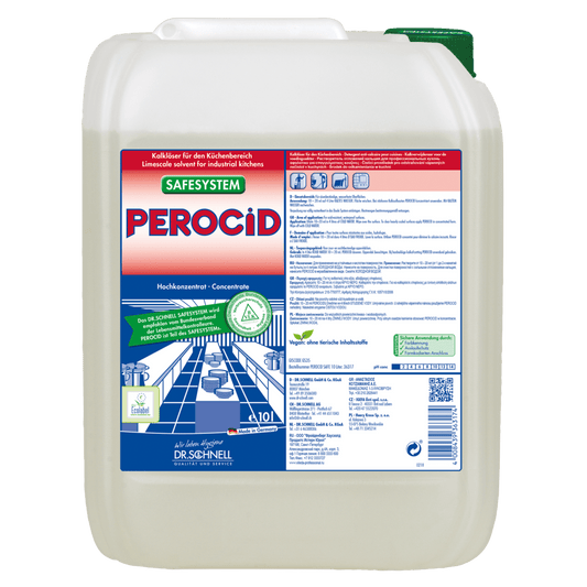A 10-liter plastic container of Dr. Schnell PEROCID lime remover for surfaces by DR.SCHNELL GmbH & Co. KGaA, with a green lid and a blue-red German label with instructions and diagrams for surface cleaning and lime removal.