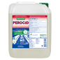 A 10-liter plastic container of Dr. Schnell PEROCID lime remover for surfaces by DR.SCHNELL GmbH & Co. KGaA, with a green lid and a blue-red German label with instructions and diagrams for surface cleaning and lime removal.