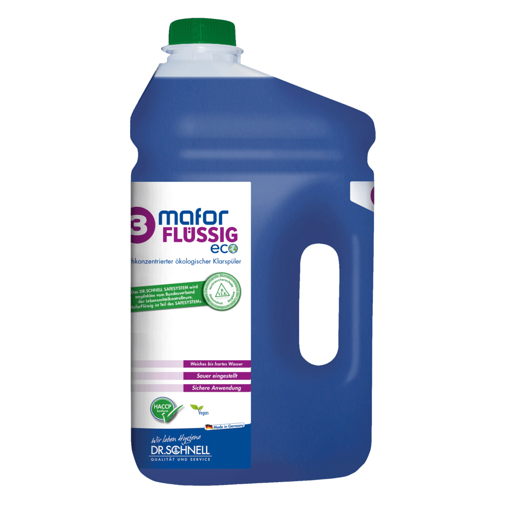A large plastic bottle with a green cap contains a blue liquid. The label reads "Dr. Schnell MAFOR LIQUID 3 ECO Rinse Aid for dishwashers" by DR.SCHNELL GmbH & Co. KGaA and shows German text and certification logos.
