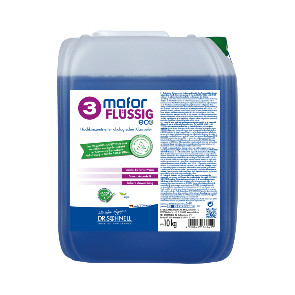A 10-kg plastic container of Dr. Schnell MAFOR LIQUID 3 ECO Rinse Aid for dishwashers (DR.SCHNELL GmbH & Co. KGaA) with purple liquid, white label, blue text, application instructions, and certification logos.
