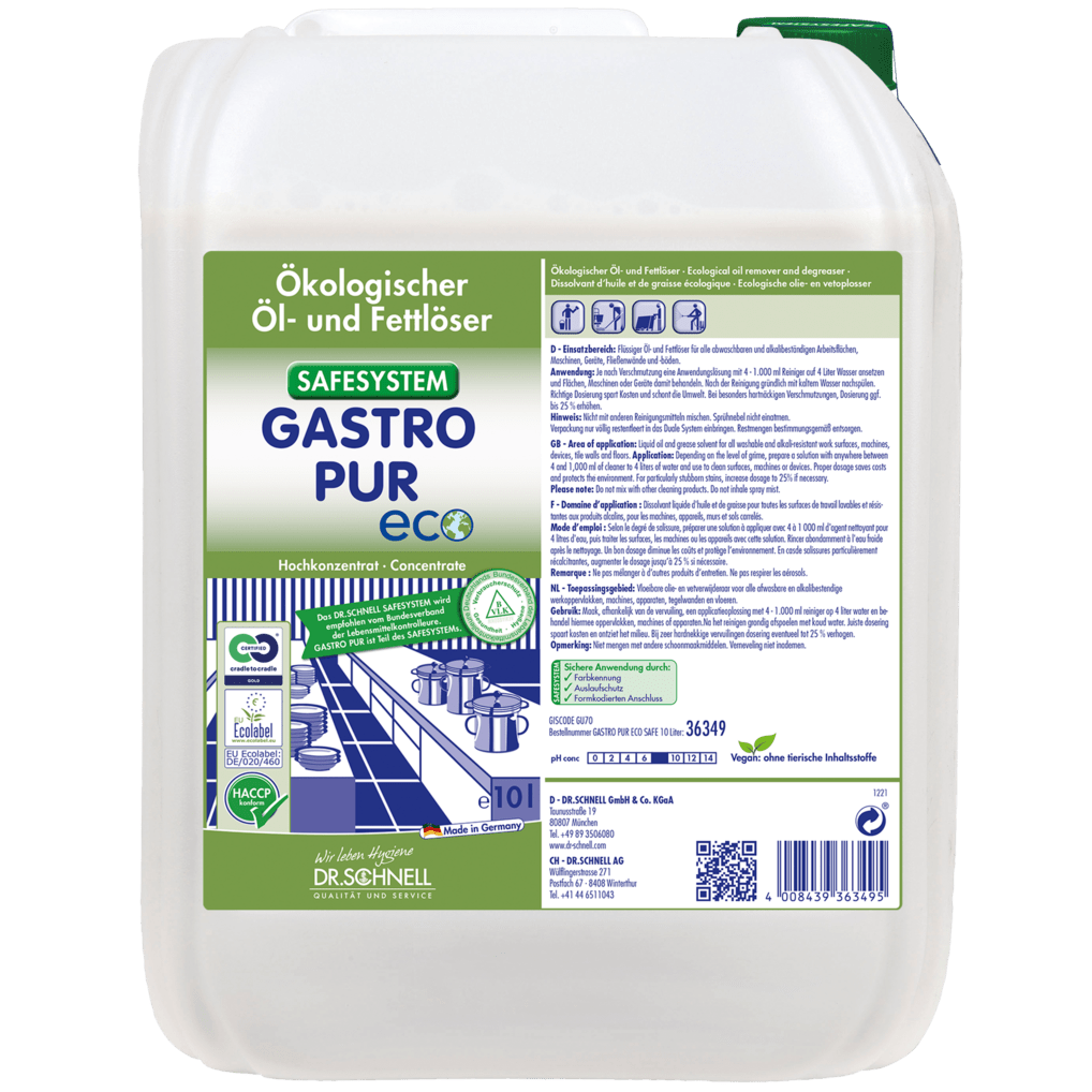 A white 10-liter plastic container with the inscription "Dr. Schnell GASTRO PUR ECO oil and grease remover for surfaces" from DR.SCHNELL GmbH & Co. KGaA, with pictograms and an image for kitchen cleaning in the gastronomy sector.