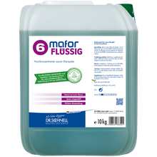 A 10-kg rectangular container of Dr. Schnell MAFOR LIQUID 6 rinse aid for dishwashers by DR.SCHNELL GmbH & Co. KGaA, with German product information and instructions on a white-green-purple label.