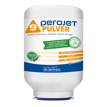 A white 3kg cartridge of DR.SCHNELL GmbH & Co. KGaA PEROJET PULVER 9, a chlorine-free dishwashing detergent for commercial machines, with colored labels, German text, and HACCP certification.