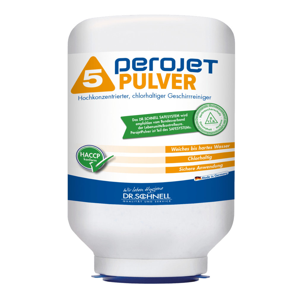 A white 3-kg cartridge labeled "Dr. Schnell PEROJET POWDER 5" by DR.SCHNELL GmbH & Co. KGaA, with orange and blue lettering and German usage instructions; a highly concentrated, chlorine-containing machine dishwashing detergent.
