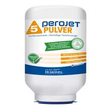 A white 3-kg cartridge labeled "Dr. Schnell PEROJET POWDER 5" by DR.SCHNELL GmbH & Co. KGaA, with orange and blue lettering and German usage instructions; a highly concentrated, chlorine-containing machine dishwashing detergent.