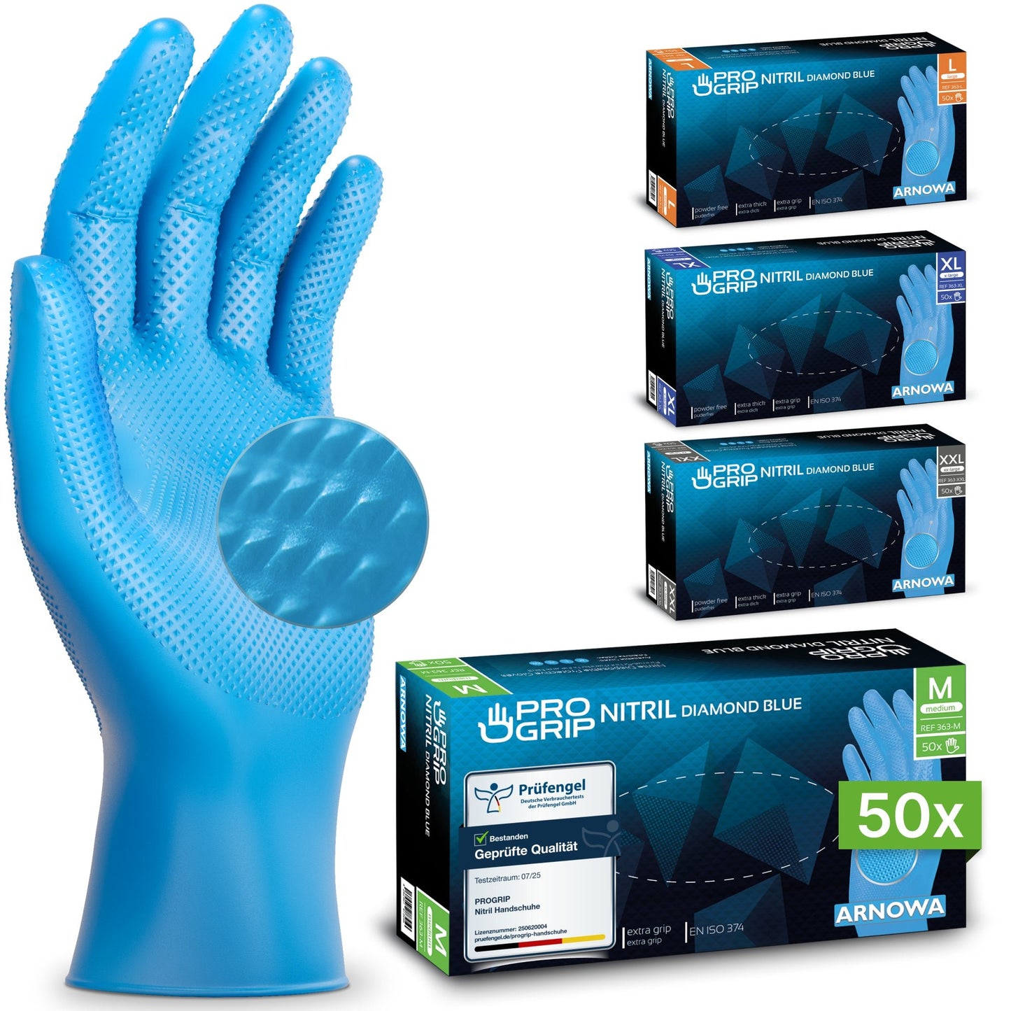 Pictured is a structured blue PROGRIP NITRIL DIAMOND BLUE disposable glove from ARNOWA GmbH with a close-up of its tear-resistant diamond structure, next to four box sizes (50 gloves each) with the inscription "PROGRIP NITRIL DIAMOND BLUE".