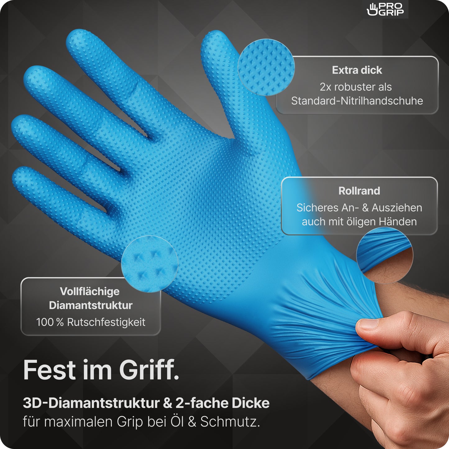 A hand is wearing ARNOWA GmbH PROGRIP NITRIL DIAMOND BLUE tear-resistant disposable nitrile gloves with diamond structure. Overlays show additional grip, durability, and rolled edge. German text explains their use with oil and dirt.