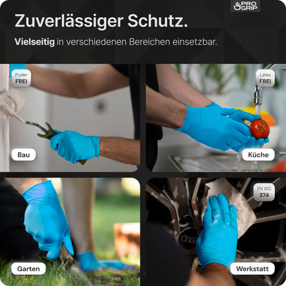 A collage shows PROGRIP NITRIL DIAMOND BLUE from ARNOWA GmbH in use: gripping a green pepper, washing a tomato, gardening, and driving. German text highlights their tear-resistant diamond structure and versatility.