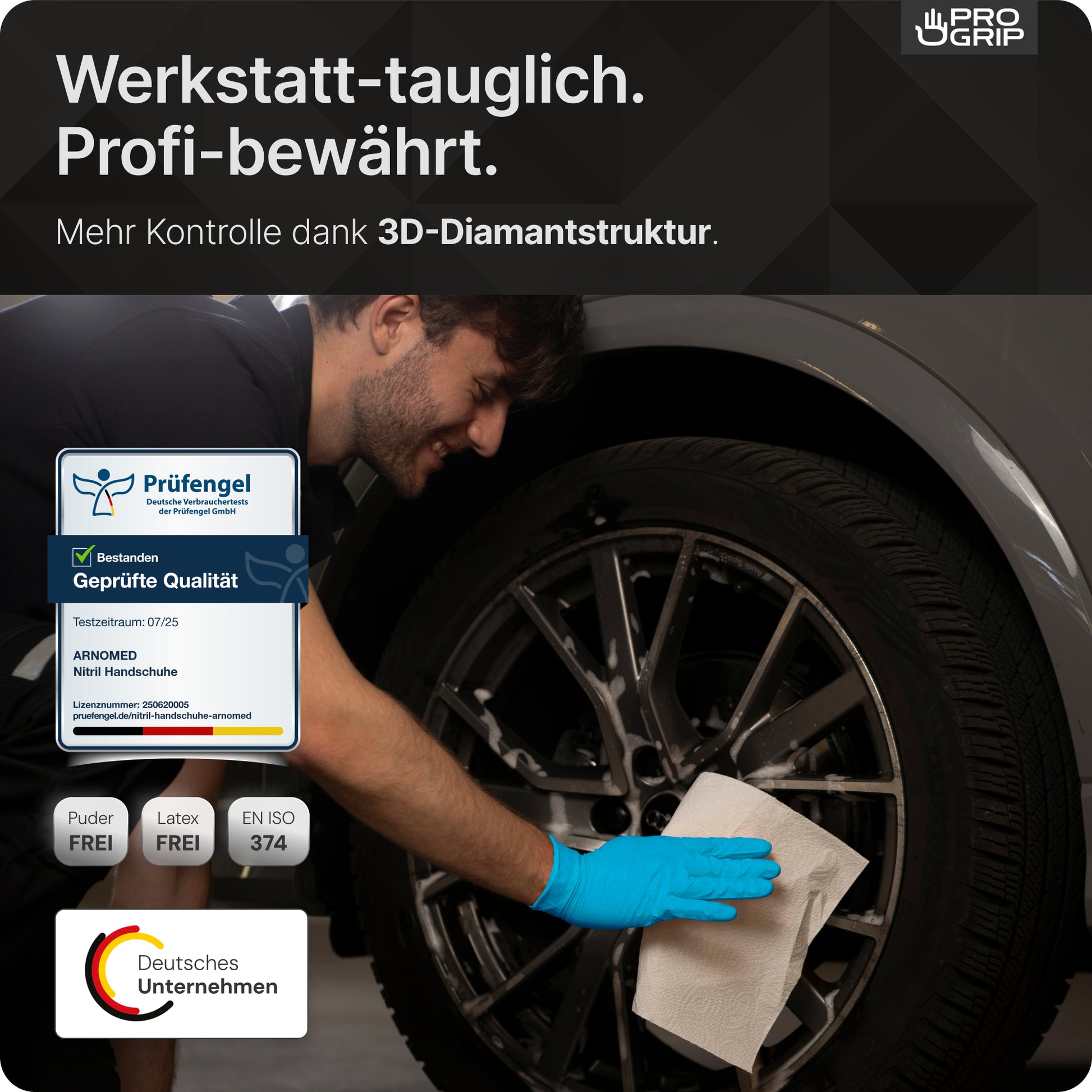 A person wearing PROGRIP NITRIL DIAMOND BLUE disposable gloves from ARNOWA GmbH cleans a gray car rim. Overlay text highlights tear-resistant quality, 3D diamond structure, and certifications with test seal, EN ISO 374, German company logos.