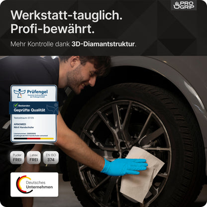 A person wearing PROGRIP NITRIL DIAMOND BLUE disposable gloves from ARNOWA GmbH cleans a gray car rim. Overlay text highlights tear-resistant quality, 3D diamond structure, and certifications with test seal, EN ISO 374, German company logos.