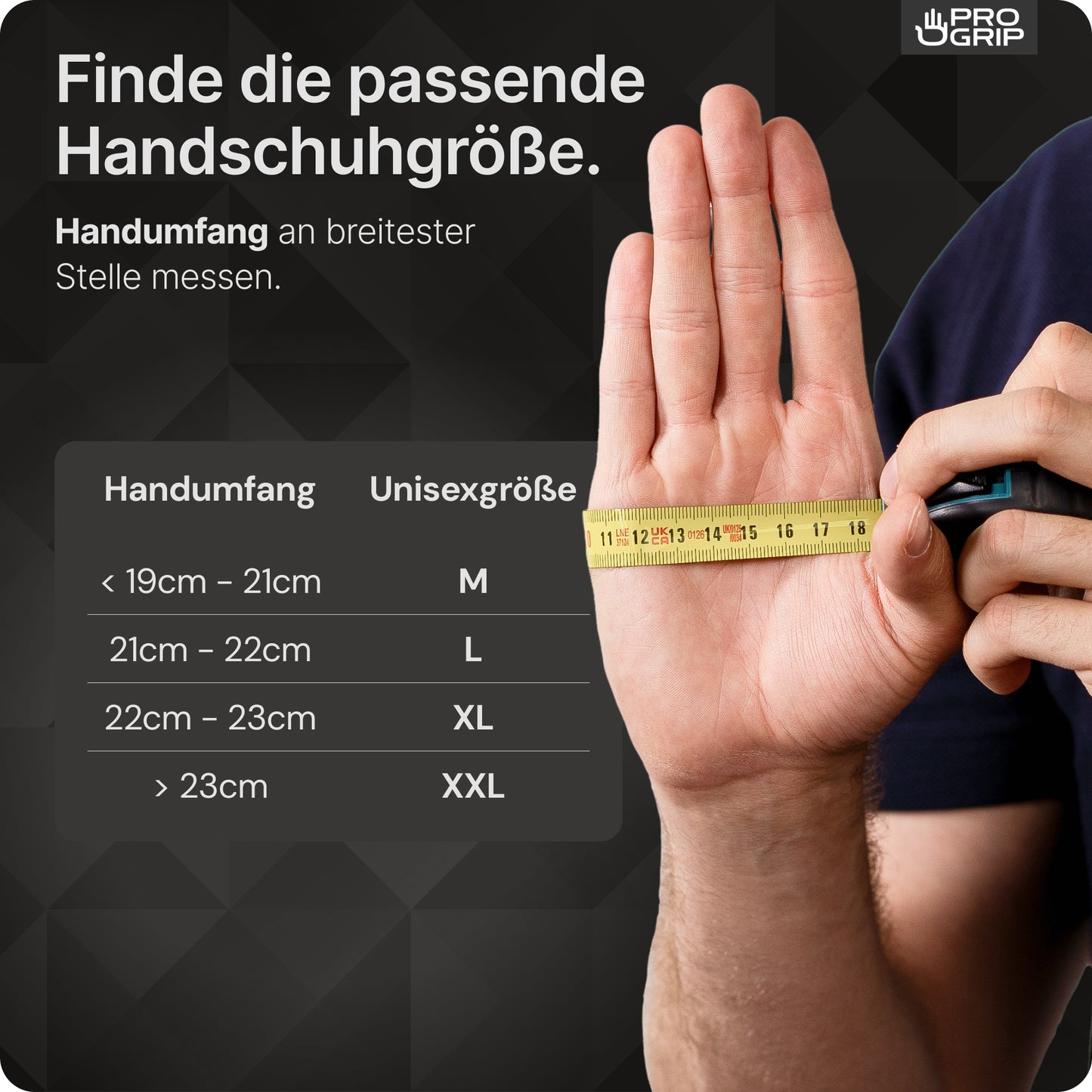 An image shows a hand with a measuring tape at the widest point. Next to it, a table of hand circumference and suitable sizes M-XXL for PROGRIP NITRIL DIAMOND BLUE - blue, tear-resistant disposable nitrile gloves with diamond structure from ARNOWA GmbH.
