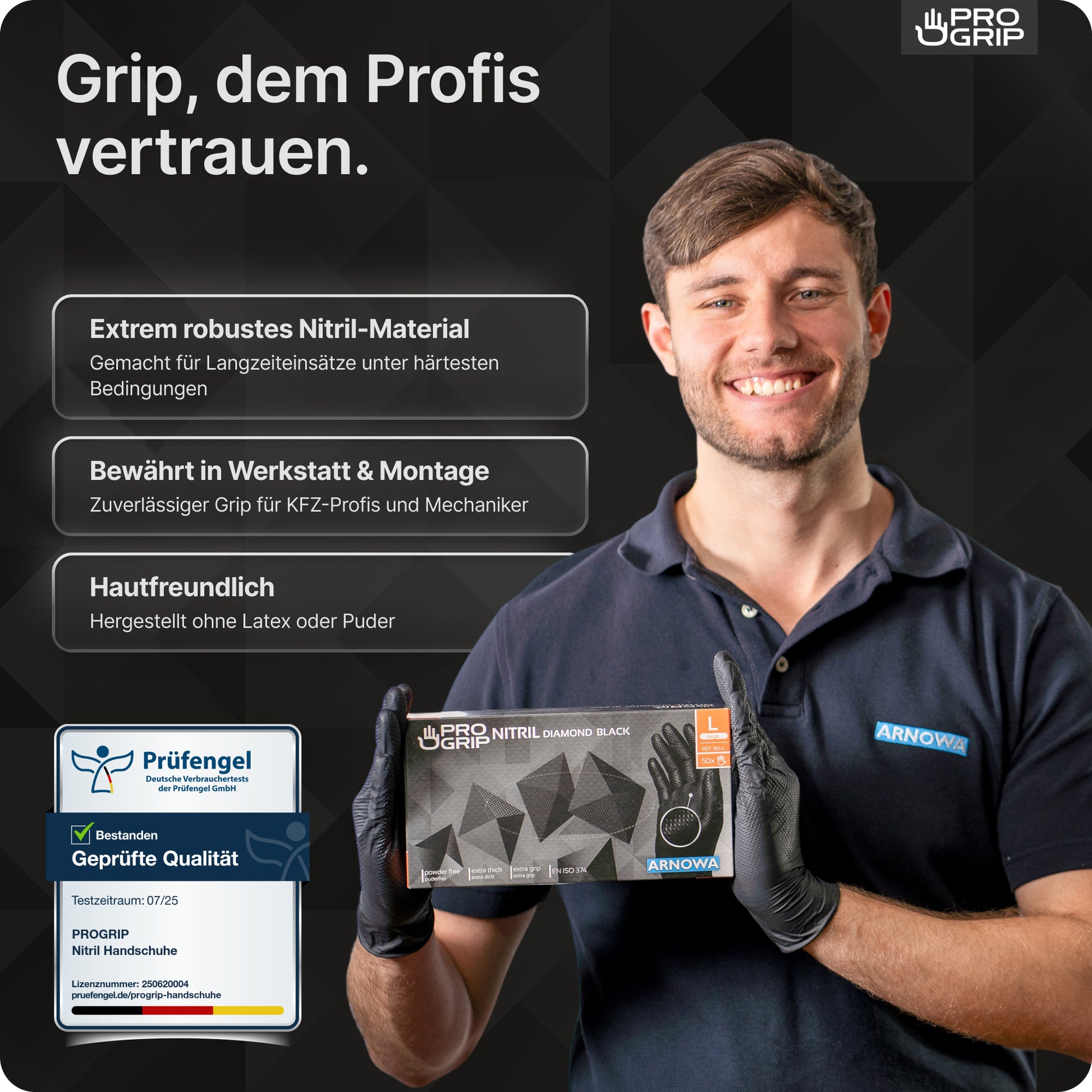 A smiling man in a black polo and cap holds a box of ARNOWA GmbH PROGRIP NITRIL DIAMOND BLUE tear-resistant disposable nitrile gloves with diamond structure. The text highlights durability, professional use, skin-friendliness, and a quality certification badge.