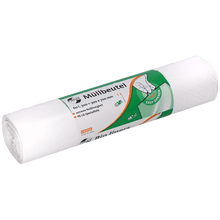 A white roll of EMIL DEISS KG (GmbH + Co.) DEISS 36519 garbage bags, 300+300x700 mm, 50 pieces, with a green-white label with a hand illustration for easy opening; biodegradable.