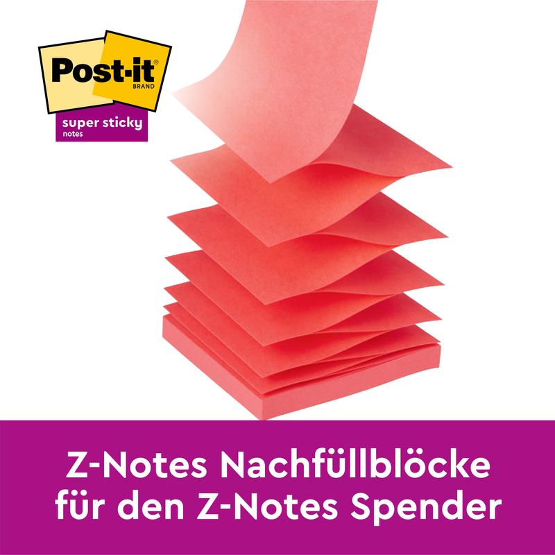 A stack of red Post-it® Super Sticky Z-Notes, Boost Collection (76x76 mm, 90 sheets, 100% PEFC) from 3M Deutschland GmbH is arranged in a zigzag pattern on a purple background. Text in German promotes refill pads for Z-Notes dispensers.